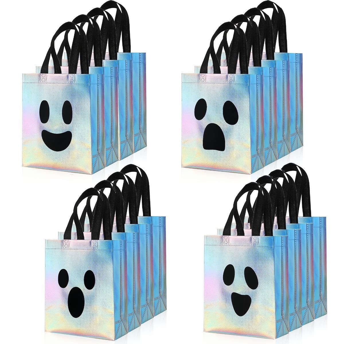Halloween gift bags, holographic bags, non-woven bags, laser bags, spooky gift bags, Halloween party favors, Halloween treat bags, reusable gift bags, Australian Halloween, Halloween decorations - Silver - Size 16PCS