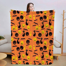 Halloween Throw Blanket Cozy Microfiber Blanket Soft Flannel Throw Festive Home Pumpkin Cat and bat - Orange - Size 70cm*100cm