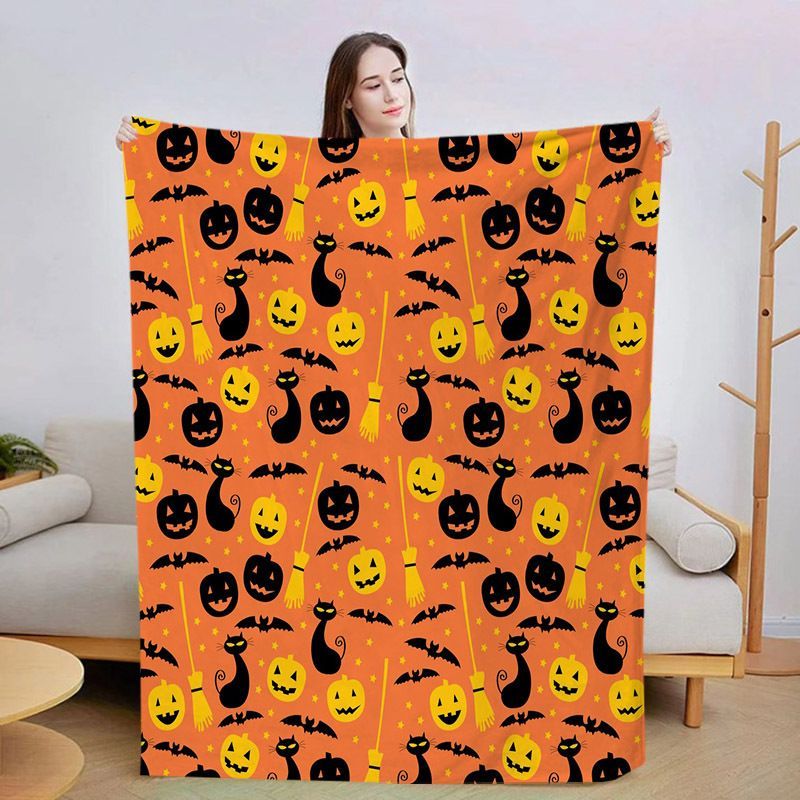 Halloween Throw Blanket Cozy Microfiber Blanket Soft Flannel Throw Festive Home Pumpkin Cat and bat - Orange - Size 100cm*130cm