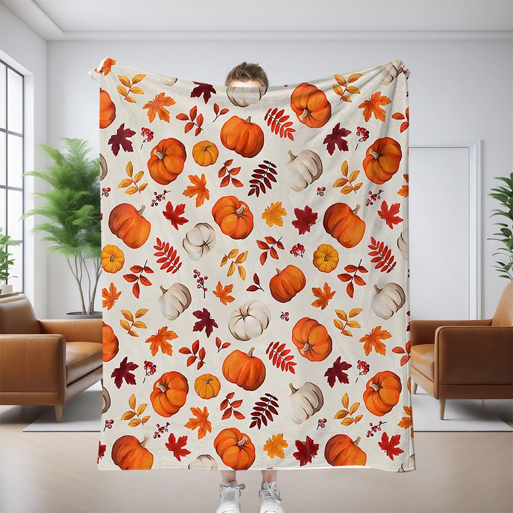 Halloween Throw Blanket Cozy Microfiber Blanket Soft Flannel Throw Festive Home Pumpkin Leaves - White - Size 70cm*100cm