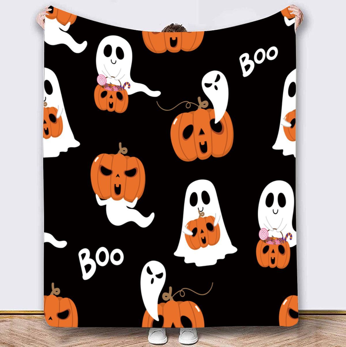 Halloween Throw Blanket Cozy Microfiber Blanket Soft Flannel Throw Festive Home Pumpkin GhostA - Black1 - Size 70cm*100cm