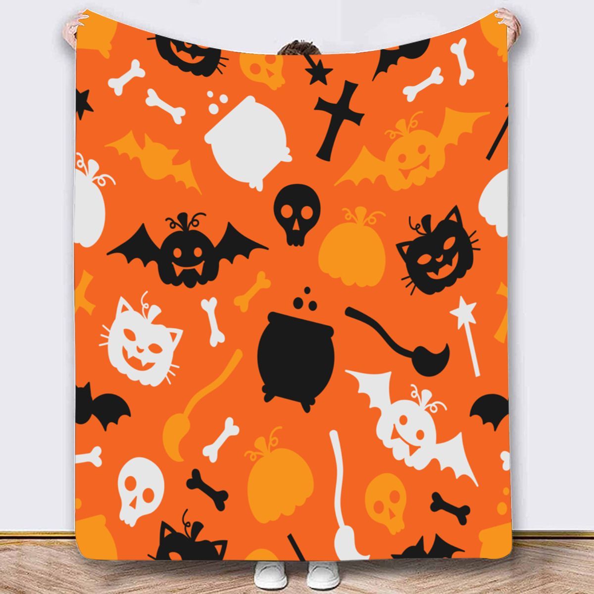 Halloween Throw Blanket Cozy Microfiber Blanket Soft Flannel Throw Festive Home Pumpkin Bat - Orange - Size 70cm*100cm