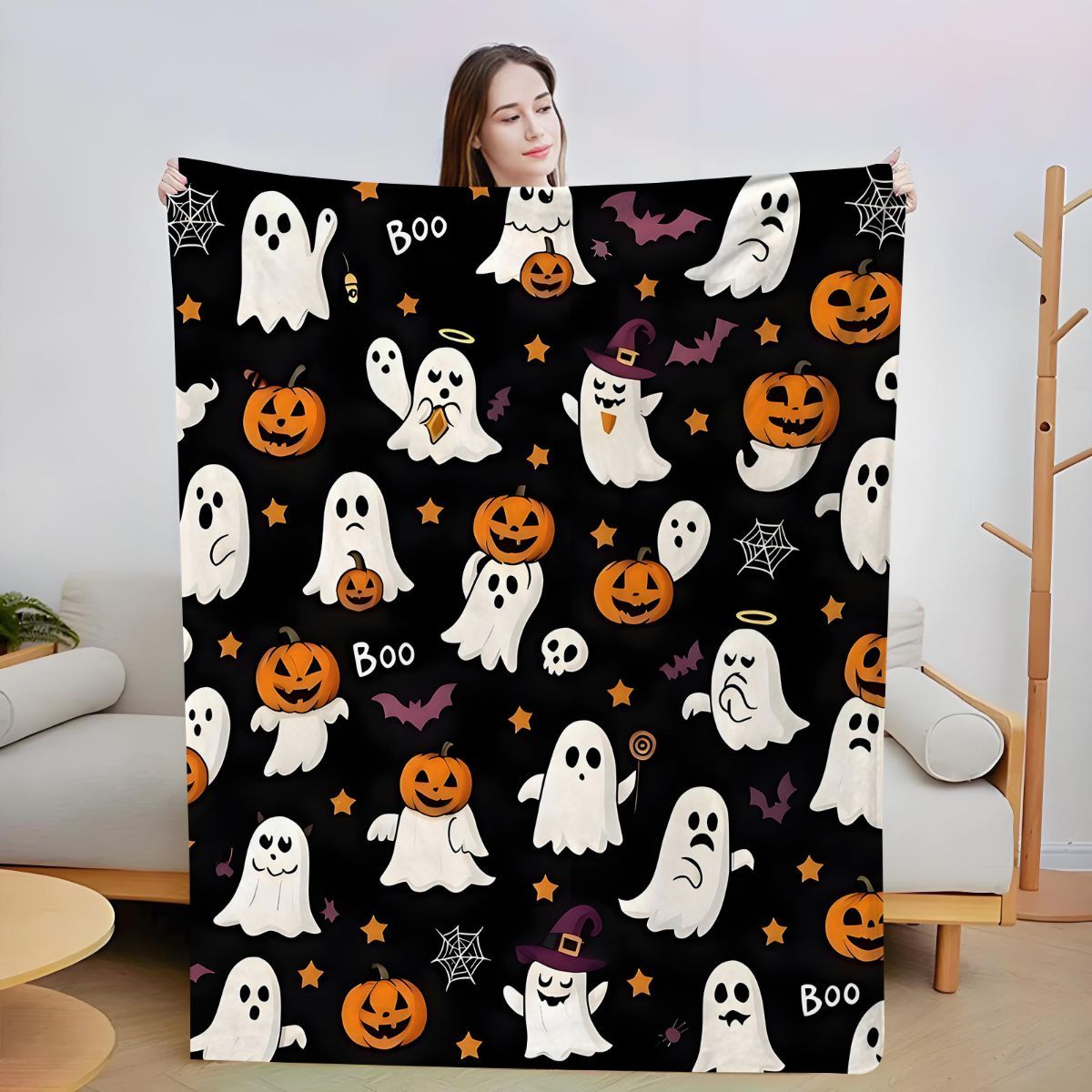 Halloween Throw Blanket Cozy Microfiber Blanket Soft Flannel Throw Festive Home Pumpkin Ghost - Black - Size 70cm*100cm