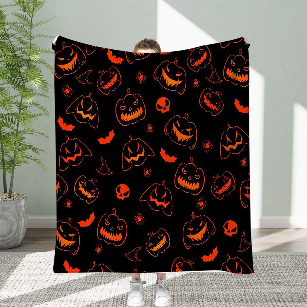 Halloween Throw Blanket Cozy Microfiber Blanket Soft Flannel Throw Festive Home Pumpkin Spider and bat - Black - Size 130cm*150cm