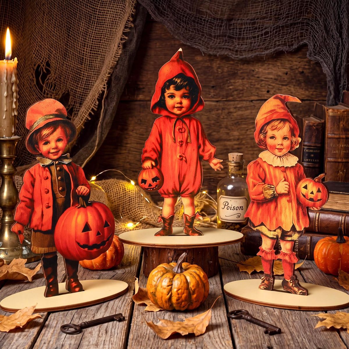 3 Pcs 9 x 6 Inch Vintage Halloween Decor Retro Halloween Table Decor Wooden Rustic Centerpiece Sign Farmhouse People Character Table Decoration for Home Tabletop Holiday Party