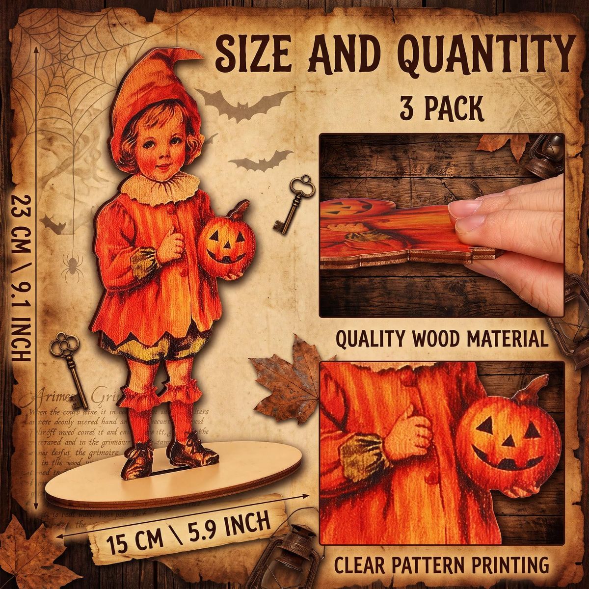 3 Pcs 9 x 6 Inch Vintage Halloween Decor Retro Halloween Table Decor Wooden Rustic Centerpiece Sign Farmhouse People Character Table Decoration for Home Tabletop Holiday Party