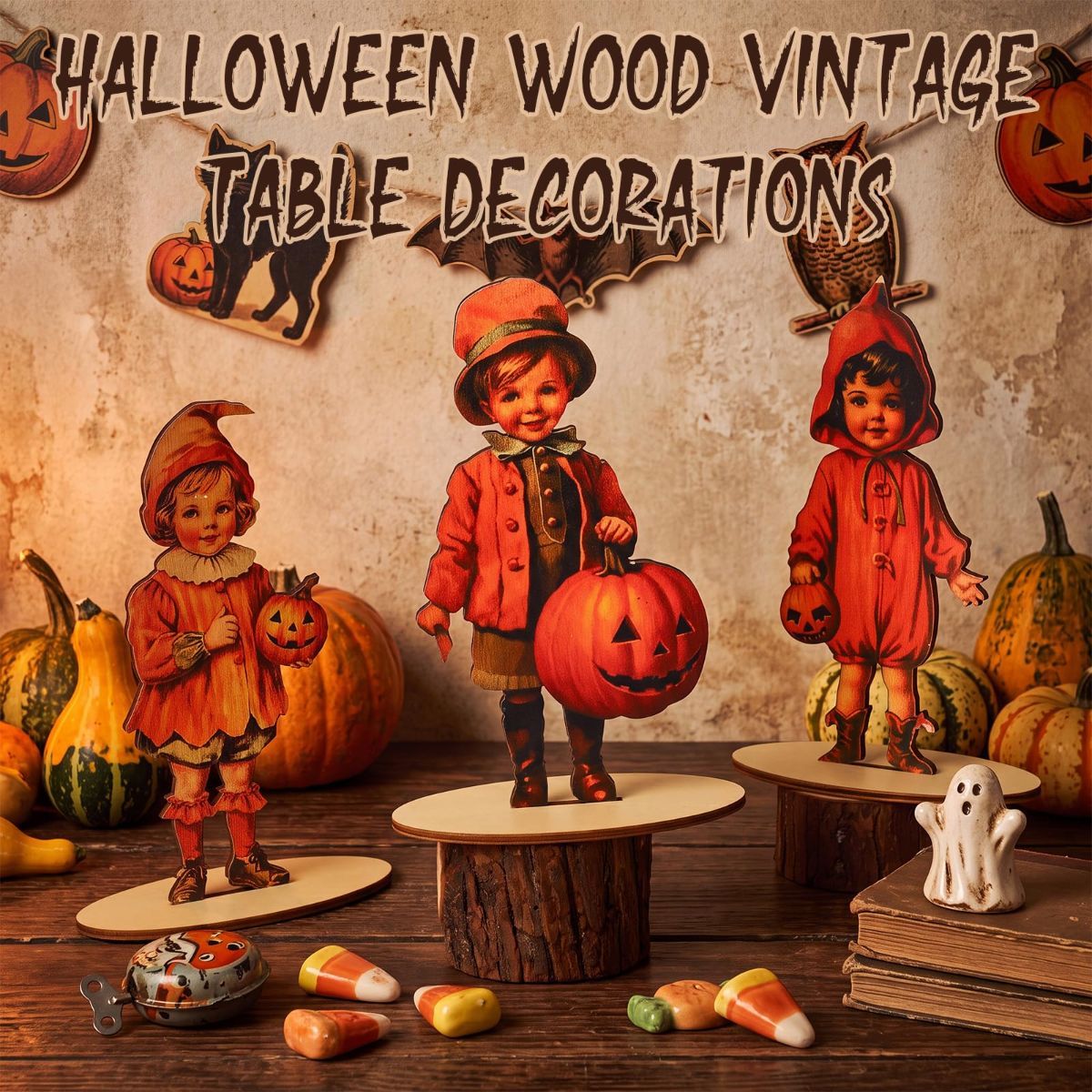 3 Pcs 9 x 6 Inch Vintage Halloween Decor Retro Halloween Table Decor Wooden Rustic Centerpiece Sign Farmhouse People Character Table Decoration for Home Tabletop Holiday Party