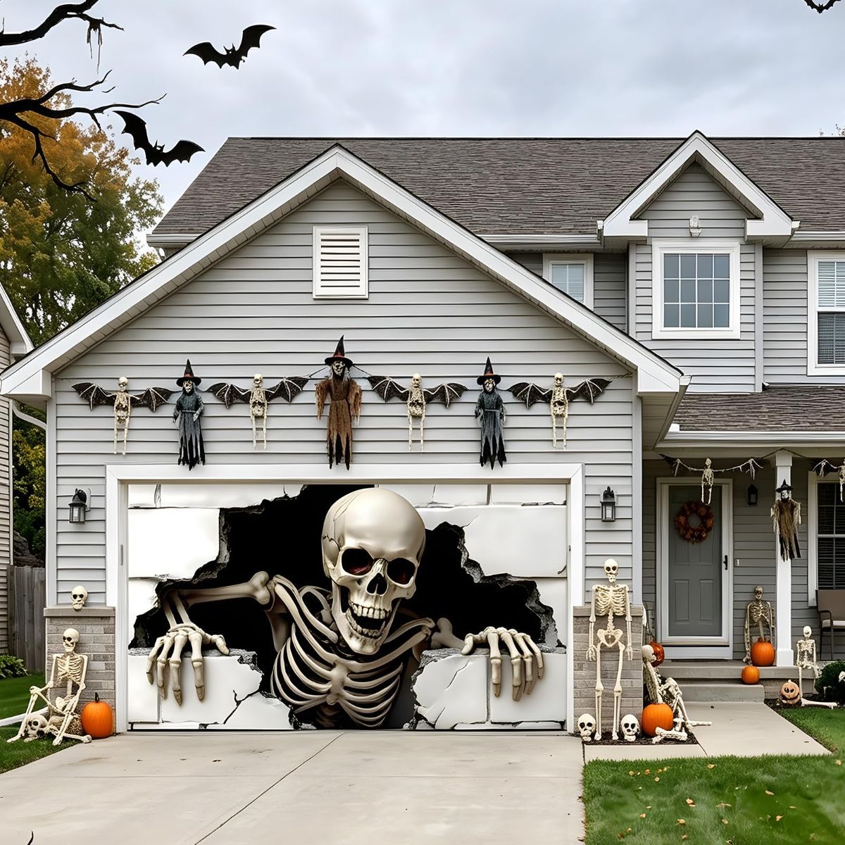 Halloween Garage Door Cover Halloween Decorations Outdoor Hanging Banner Garage - White - Size 8x16ft