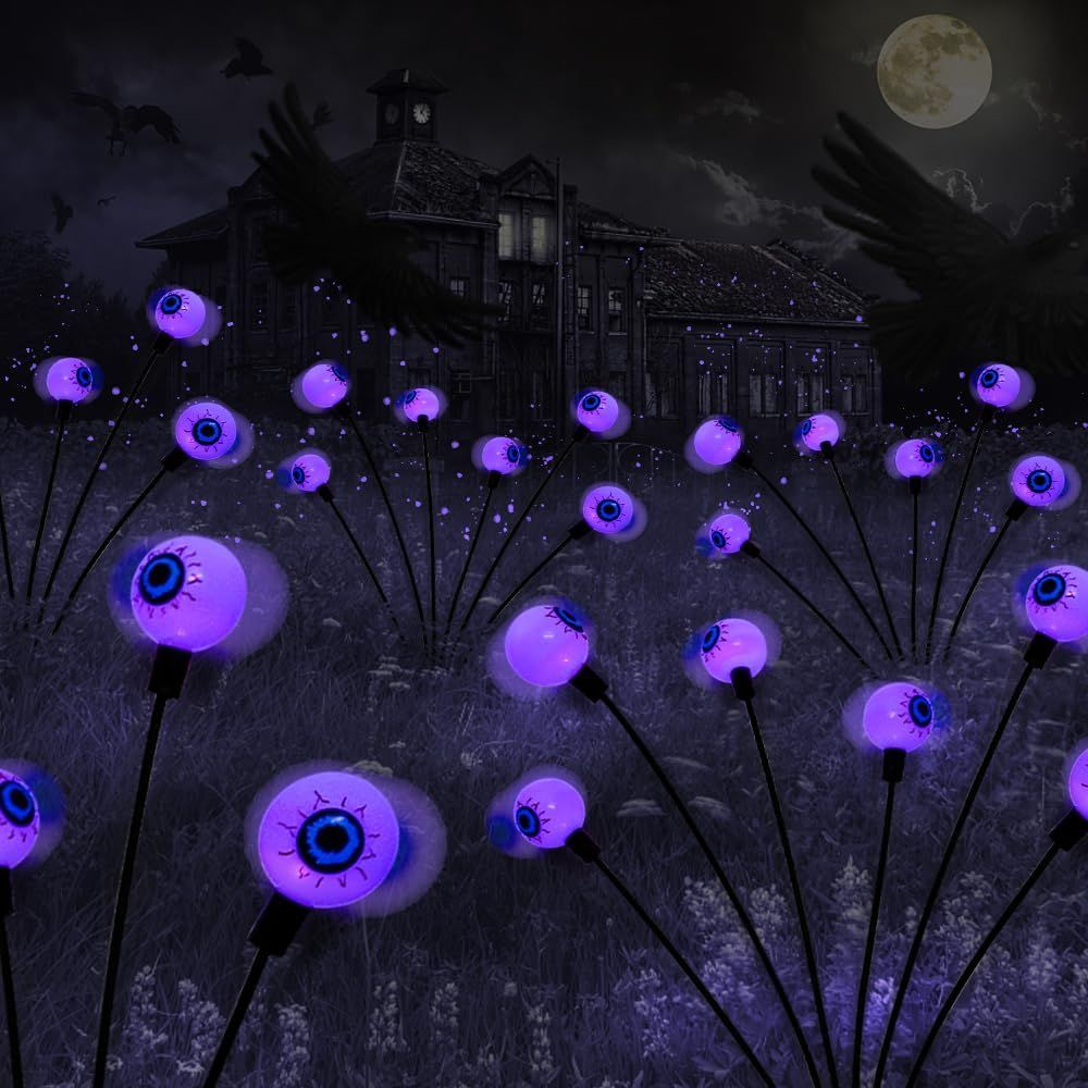 2PACK Scary Eyeballs Solar Garden Light Halloween Decorations Outdoor,Swaying Firefly Spooky Eyes Lights-Waterproof Ornaments Solar Halloween Lights for Lawn, Patio, Party Decor - Purple - Size 8 led