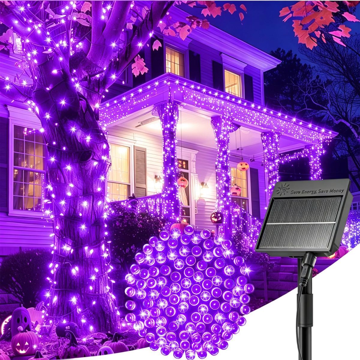 Solar String Lights Outdoor Waterproof, LED Outdoor Light | Solar Fairy Lights with 8 Lighting Modes, IP65 Waterproof Solar Christmas Halloween Lights for Outdoor Outside Tree Patio - Purple - Size 22ft 30-LED String Light