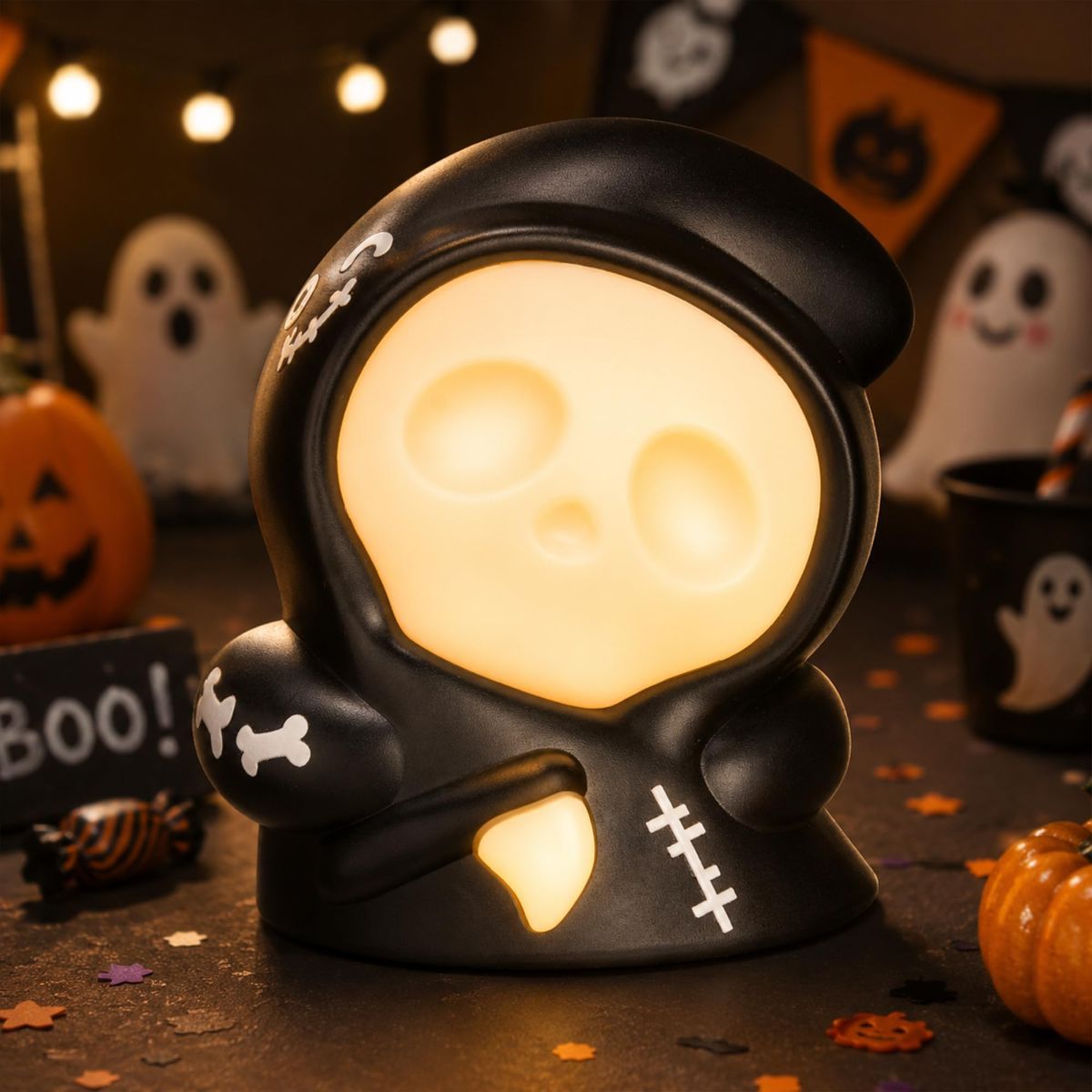3 Pack Halloween Decorations, Grim Reaper Night Light, Friction Powered Pull Back | Party Decor, Portable, Rechargeable, Halloween Lamp, Adjustable Brightness, 3 Color Modes, DIY Stickers - Tricolour - Size 94mm