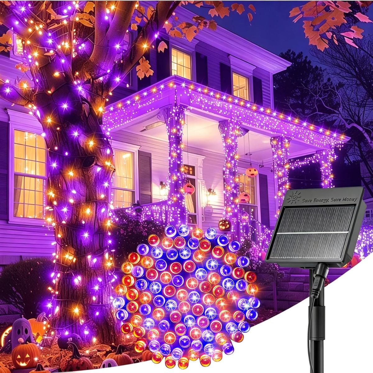 Solar String Lights Outdoor Waterproof, LED Outdoor Light | Solar Fairy Lights with 8 Lighting Modes, IP65 Waterproof Solar Christmas Halloween Lights for Outdoor Outside Tree Patio - Orange Purple - Size 105ft 300-LED String Light