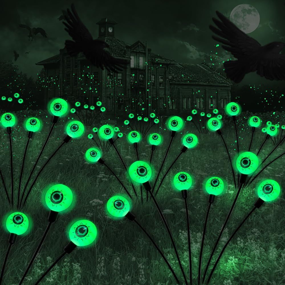 Halloween Decorations Outdoor Solar Scary Eyeball Lights,2PACKS LED Green Eyeball Swaying Firefly Lights,Waterproof Solar Halloween Path Lights for Yard/Garden/Lawn/Party Decor - Green - Size 12 led