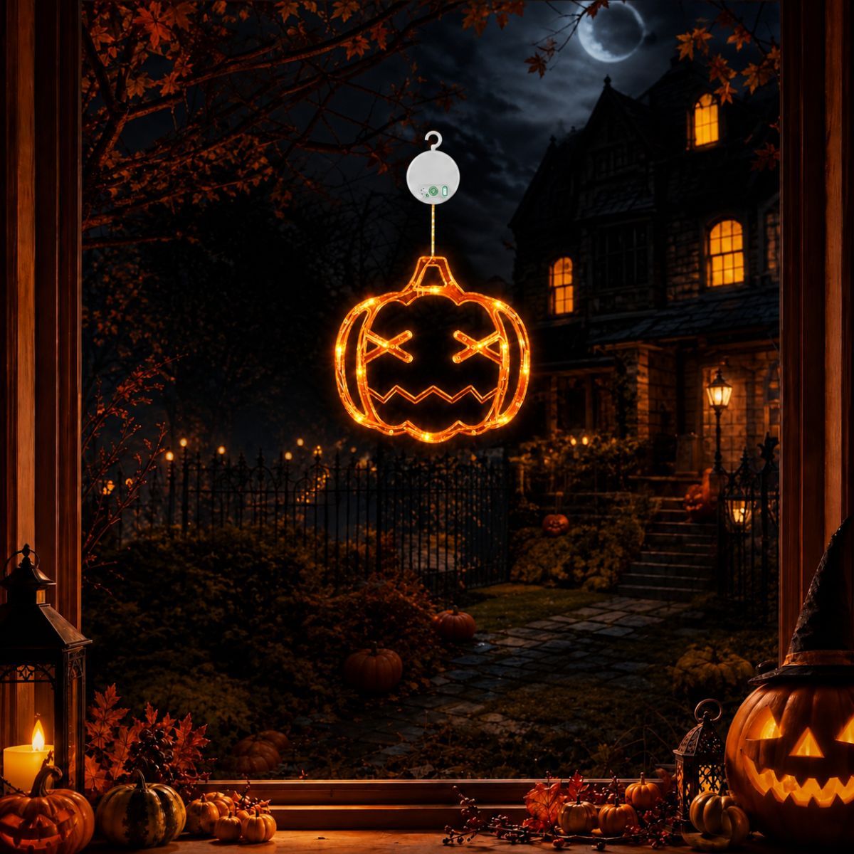 1 Pack Halloween Pumpkin Window Lights, Battery-Powered | Halloween Decorations with Suction Cups, 8 Color-Changing Modes, and Timer Function - Orange