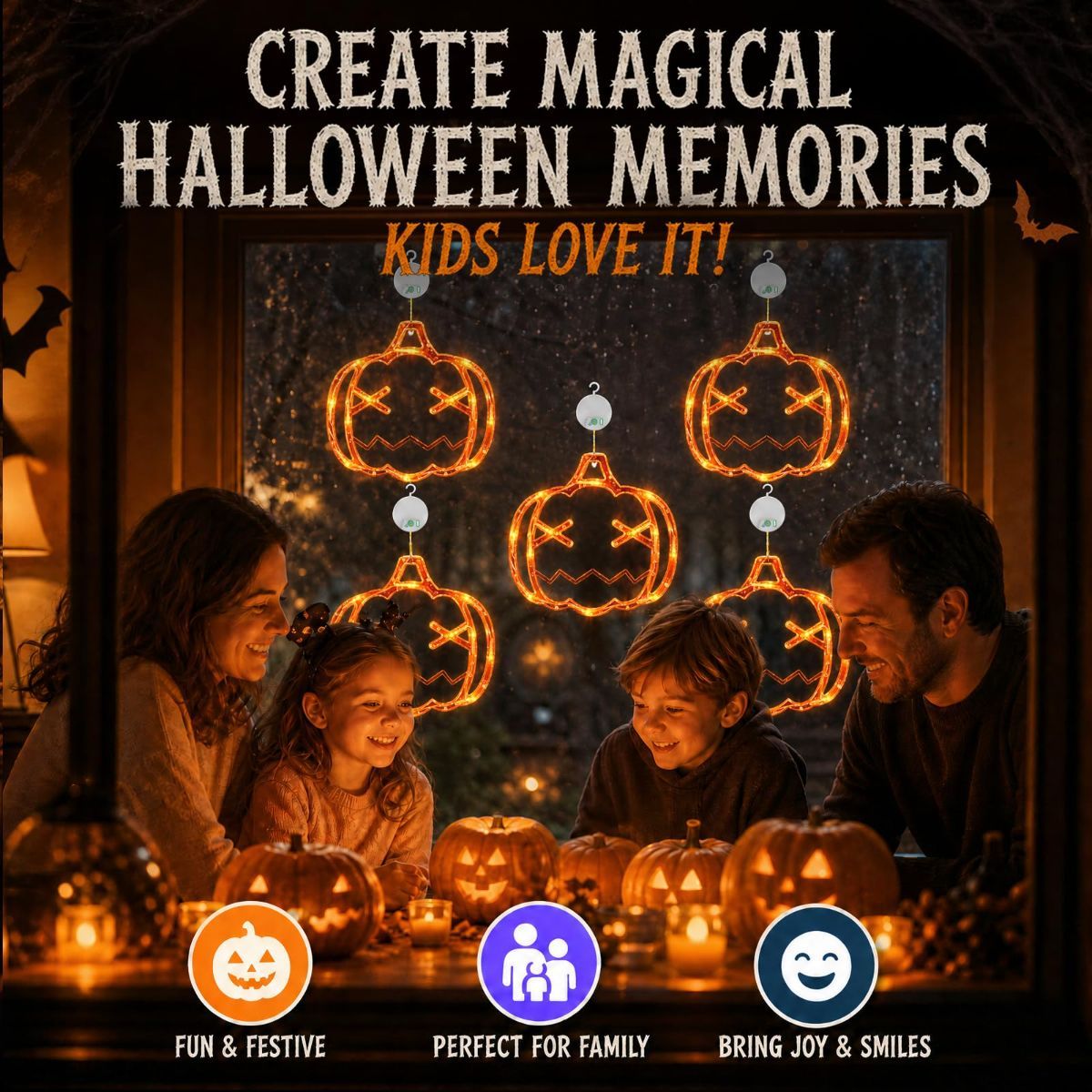 1 Pack Halloween Pumpkin Window Lights, Battery-Powered | Halloween Decorations with Suction Cups, 8 Color-Changing Modes, and Timer Function - Orange