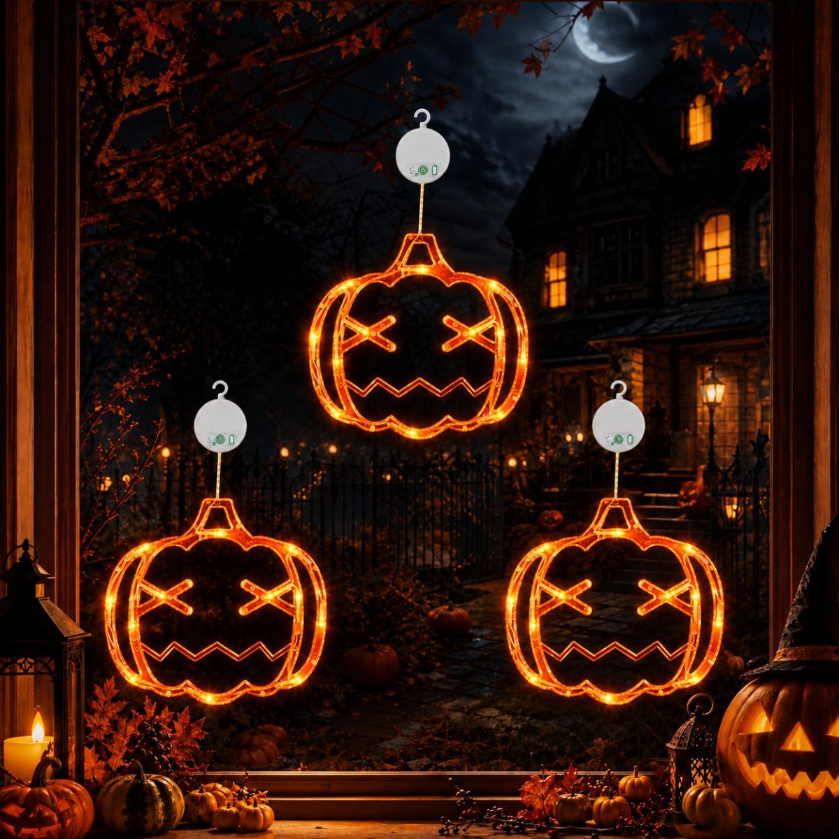 3 Pack Halloween Pumpkin Window Lights, Battery-Powered | Halloween Decorations with Suction Cups, 8 Color-Changing Modes, and Timer Function - Orange