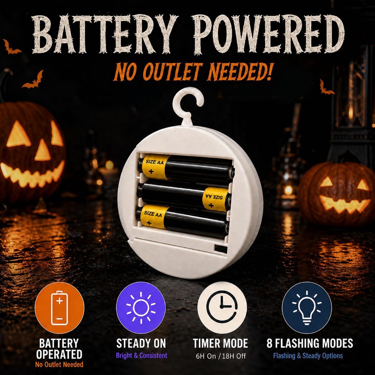 3 Pack Halloween Pumpkin Window Lights, Battery-Powered | Halloween Decorations with Suction Cups, 8 Color-Changing Modes, and Timer Function - Orange