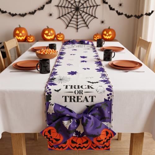 Halloween Table Runner 72 in with Big Bows Spillproof Pumpkin Ghost Spill-proof/Water-resistant,3D Statement Bow-Knot,Premium Heavyweight Fabric,Spillproof Coating & Outdoor Ready - Multi - Size A