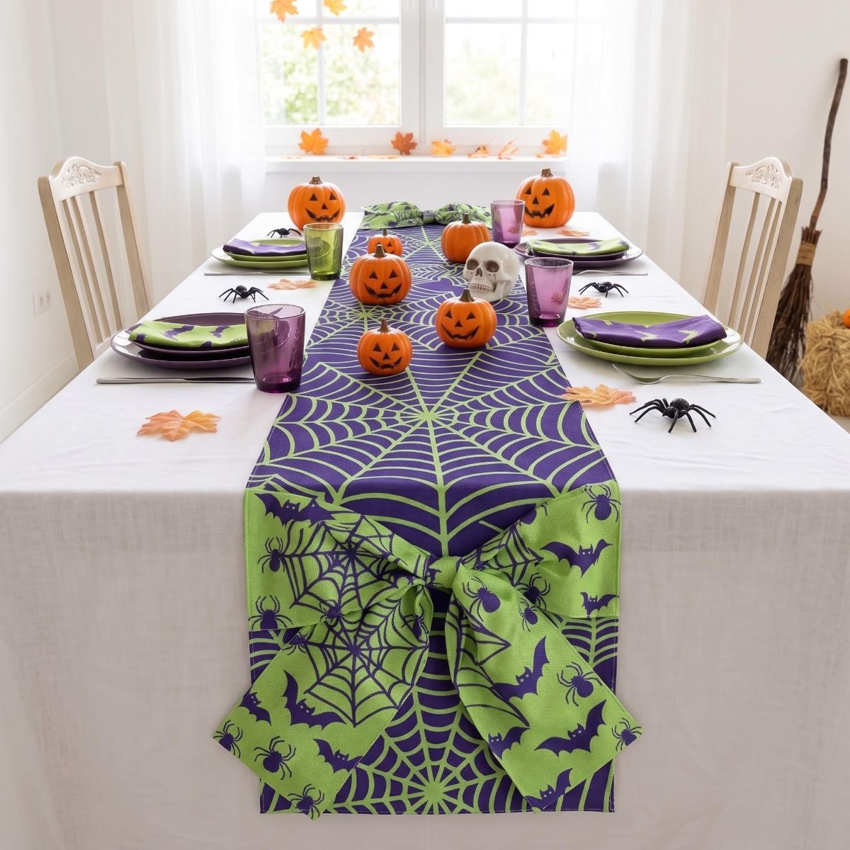 Halloween Table Runner 72 in with Big Bows Spillproof Pumpkin Ghost Spill-proof/Water-resistant,3D Statement Bow-Knot,Premium Heavyweight Fabric,Spillproof Coating & Outdoor Ready - Multi - Size B