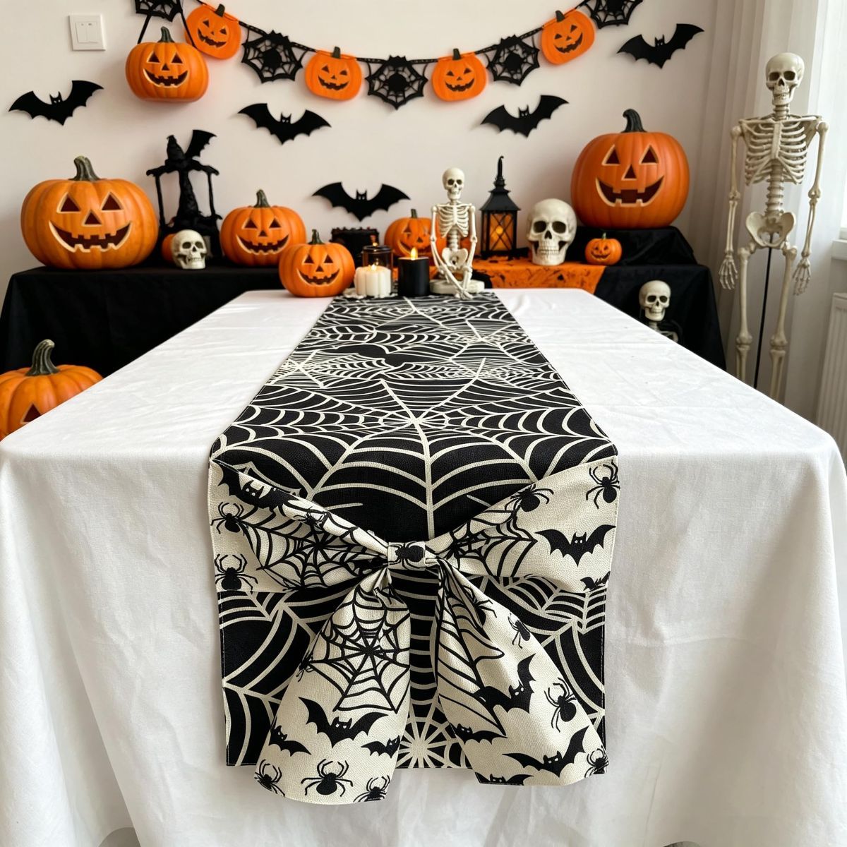 Halloween Table Runner 72 in with Big Bows Spillproof Pumpkin Ghost Spill-proof/Water-resistant,3D Statement Bow-Knot,Premium Heavyweight Fabric,Spillproof Coating & Outdoor Ready - Multi - Size D
