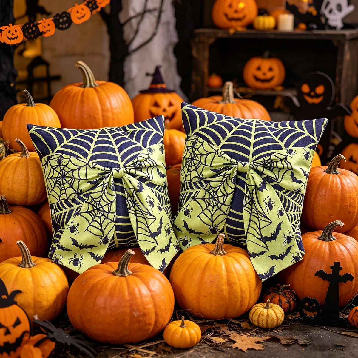 Halloween Pillow Covers Set of 2，18X18 Inch Autumn Bow Decorative Holloween Cushion Cases for Sofa Couch Home Decor - Green - Size 18*18in