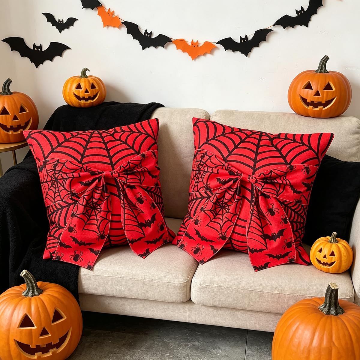 Halloween Pillow Covers Set of 2，18X18 Inch Autumn Bow Decorative Holloween Cushion Cases for Sofa Couch Home Decor - Red - Size 18*18in
