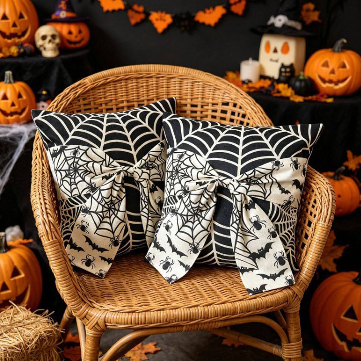 Halloween Pillow Covers Set of 2，18X18 Inch Autumn Bow Decorative Holloween Cushion Cases for Sofa Couch Home Decor - White - Size 18*18in