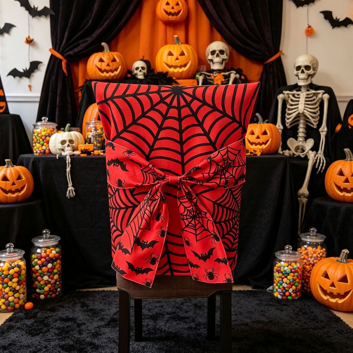 Halloween Dining Chair Slipcover Spooky Chair Back Covers Stretchable Washable Chair Protective Covers for Dining Room Kitchen Office Hotel Seat Decor - E - Size 1Pack