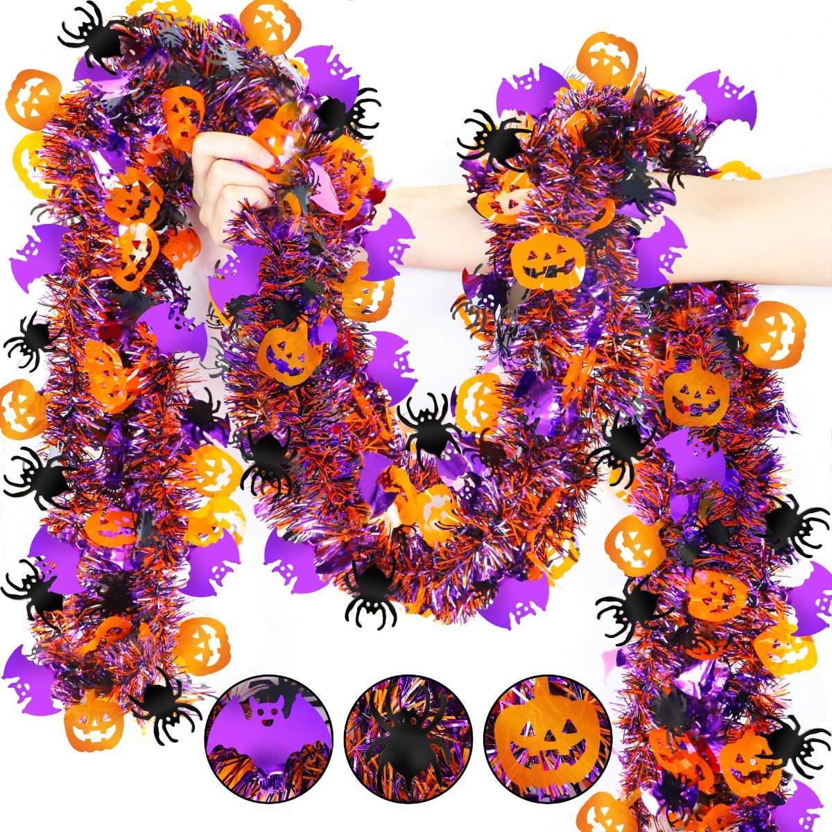 10-Pack 2M Halloween Garland,Purple Orange Tinsel Garland Halloween Decorations | Shiny Metallic Twist Halloween Tinsel Garland for Home Mantle Office Indoor Outdoor Stairs Party Tree Decorations - Multi-color - Size B