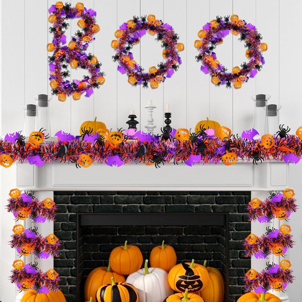 10-Pack 2M Halloween Garland,Purple Orange Tinsel Garland Halloween Decorations | Shiny Metallic Twist Halloween Tinsel Garland for Home Mantle Office Indoor Outdoor Stairs Party Tree Decorations - Multi-color - Size D