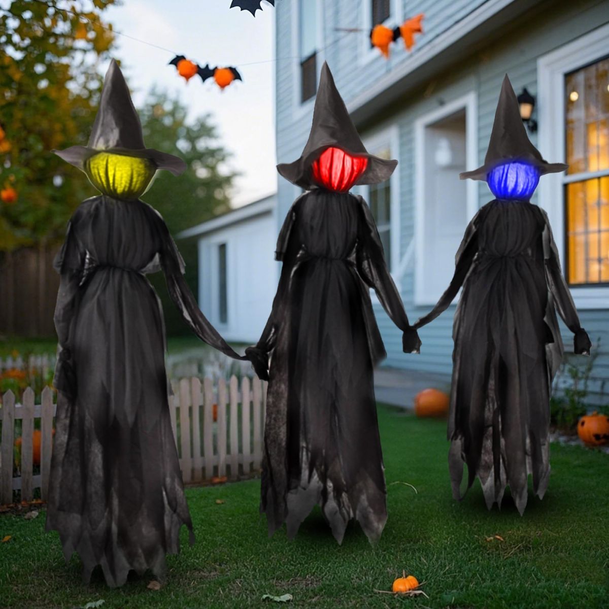 5 FT Witch Halloween Decorations Outdoor Yard Decor, Set of 3 | Changing Colors LEDs, Halloween Witch Yard Stakes, Haunted House Props for Lawn Garden Party