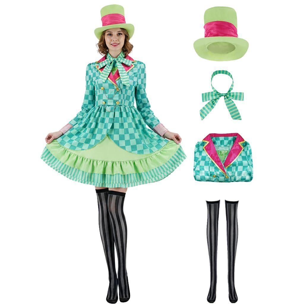 Hatter Costume Women Mad Tea Party Halloween Cosplay Dress with Bowtie Top Hat Leggings Mardi Gras Parade Outfits - Green - Size XL