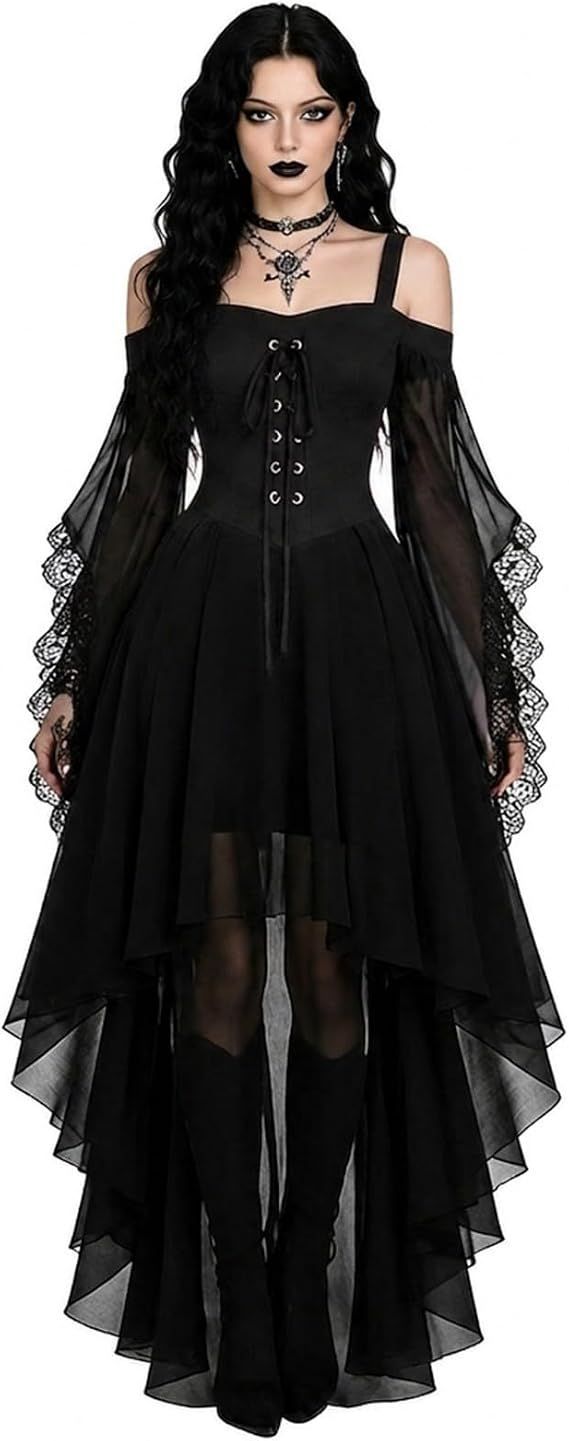Women Witch Dress Halloween Costumes Vampire Woman Renaissance Medieval Butterfly Sleeve Mesh Gothic Dresses - Black - Size XL