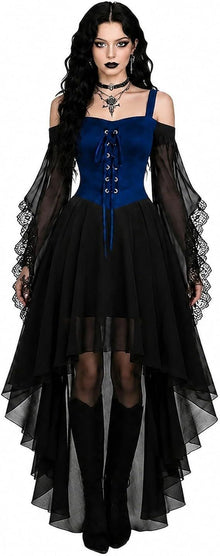 Women Witch Dress Halloween Costumes Vampire Woman Renaissance Medieval Butterfly Sleeve Mesh Gothic Dresses - Blue - Size L