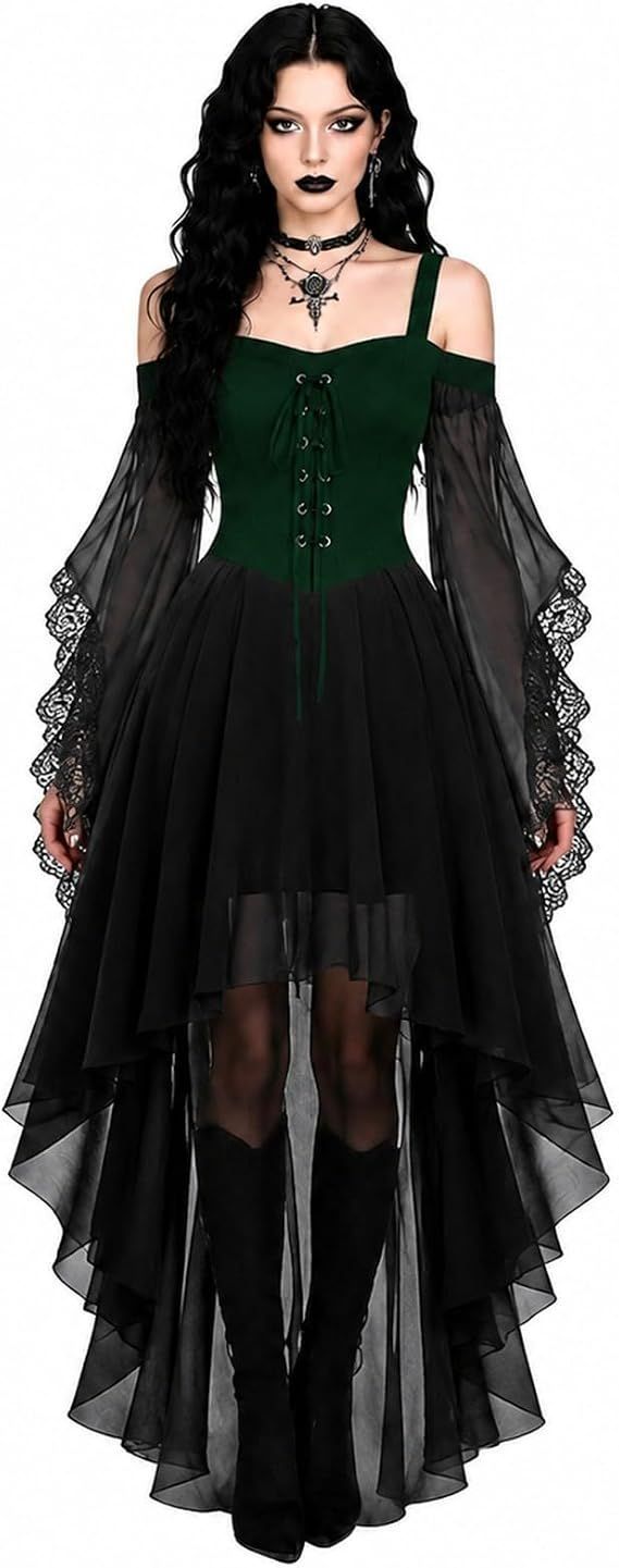 Women Witch Dress Halloween Costumes Vampire Woman Renaissance Medieval Butterfly Sleeve Mesh Gothic Dresses - Green - Size XL