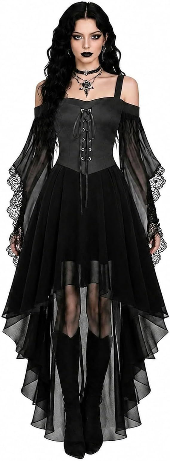 Women Witch Dress Halloween Costumes Vampire Woman Renaissance Medieval Butterfly Sleeve Mesh Gothic Dresses - Gray - Size XXL