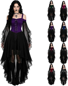 Women Witch Dress Halloween Costumes Vampire Woman Renaissance Medieval Butterfly Sleeve Mesh Gothic Dresses - Purple - Size L