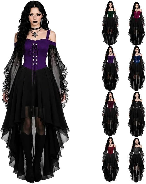 Women Witch Dress Halloween Costumes Vampire Woman Renaissance Medieval Butterfly Sleeve Mesh Gothic Dresses - Purple - Size M