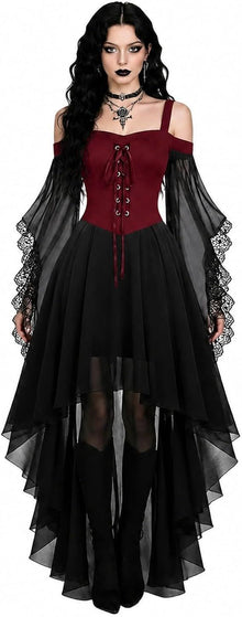 Women Witch Dress Halloween Costumes Vampire Woman Renaissance Medieval Butterfly Sleeve Mesh Gothic Dresses - Red - Size M