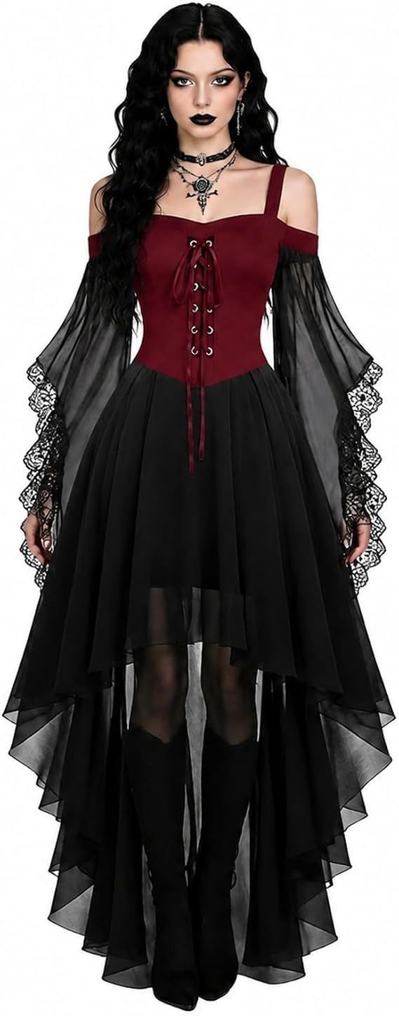 Women Witch Dress Halloween Costumes Vampire Woman Renaissance Medieval Butterfly Sleeve Mesh Gothic Dresses - Red - Size XXL