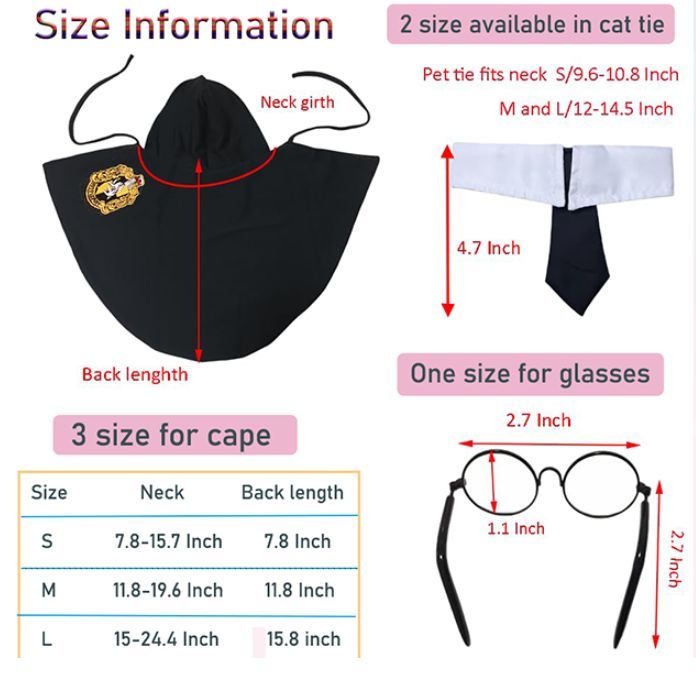 3PCS Halloween Dog Costume Cat Wizard Cape Glasses and Necktie Set Halloween Puppy Outfit Pet Academy Magician Cosplay Apparel for Kitten Cat Small Dogs - Black-Green - Size M