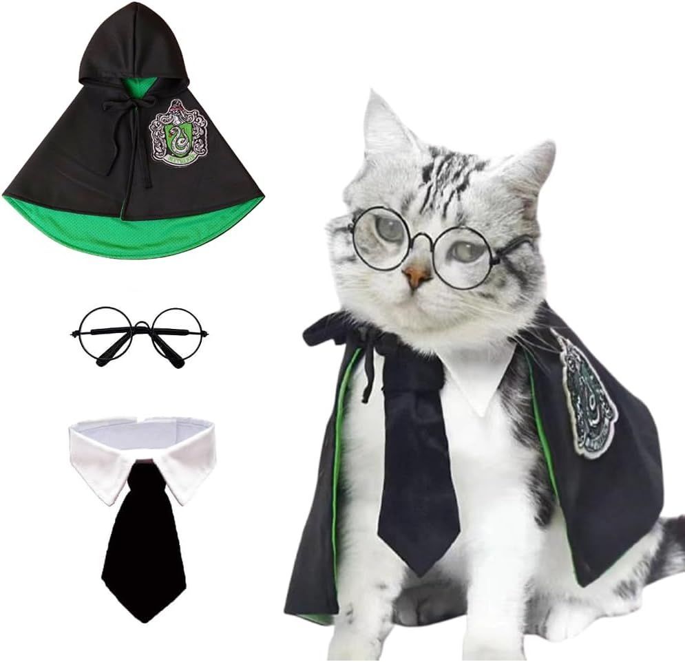 3PCS Halloween Dog Costume Cat Wizard Cape Glasses and Necktie Set Halloween Puppy Outfit Pet Academy Magician Cosplay Apparel for Kitten Cat Small Dogs - Black-Green - Size S