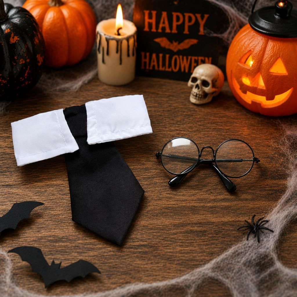 3PCS Halloween Dog Costume Cat Wizard Cape Glasses and Necktie Set Halloween Puppy Outfit Pet Academy Magician Cosplay Apparel for Kitten Cat Small Dogs - Black-Green - Size S