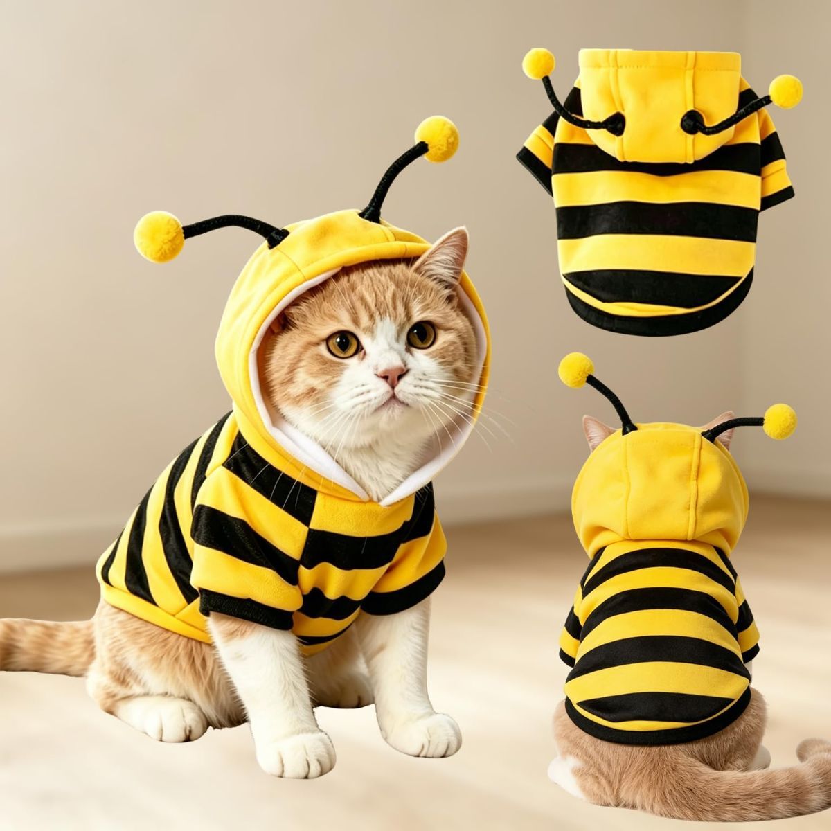 Bumblebee Cat Costume for Sphynx & Small Dogs, Fit Halloween, Yellow, Cute Bee Stripes Hoodie, Soft Warm Fleece, Holiday Cosplay Outfit, Daily Leisure Wear, Easy to Put, Safe for Leash Walking - Yellow / S