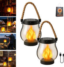 Outdoor solar lights - Solar garden lighting - Solar lantern - Dancing flame solar lanterns outdoor waterproof lighting - Hemp rope flame lamp - For camping garden patio garden halloween decoration (2 pieces)