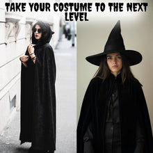 Luxury Black Hooded Coat - 170cm / XXL - Carnival Halloween Costume - Black Velour Coat - Hat - Adults - Dress Up - Costume Cape - Gothic - Fantasy - Halloween Suit - Carnival Clothing - Women and Men