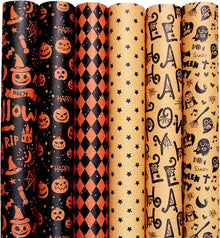 Wrapping Paper 6 Rolls - Gift Paper - Sustainable - Eco-friendly & Plastic-free - Tear-resistant - 50x70cm - Birthday - Decorations - Gift Paper - Party Assortment - Various Designs - Halloween - Pumpkin/ Bat/ Witch's Hat/ Star