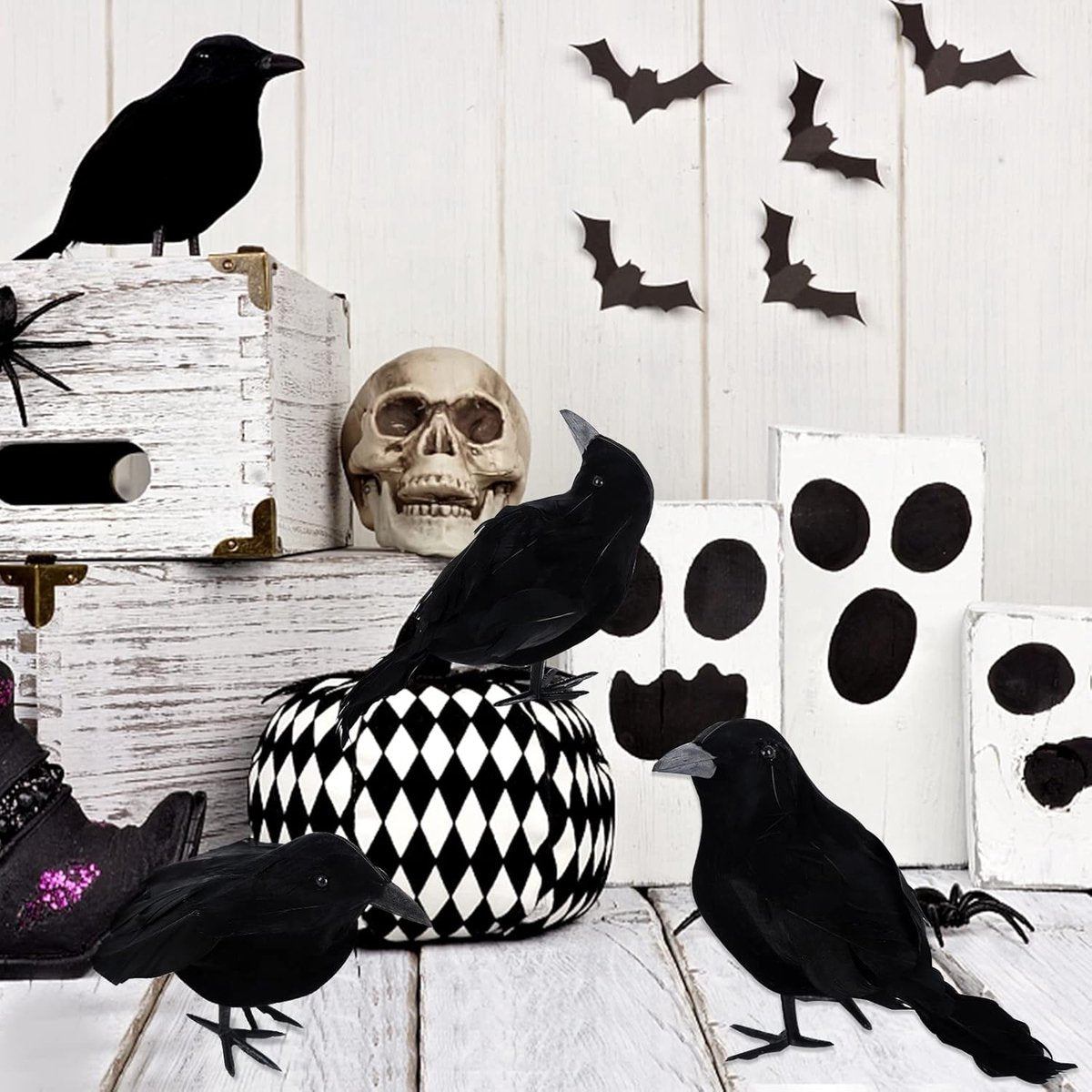 Crow - 3-piece - Halloween - Halloween Decoration - Pigeon Repeller Crow - Scarecrow - Halloween crows - artificial feathered crows - realistic raven birds decorations - party Prop - for indoors / outdoors / festivals / parties / Halloween