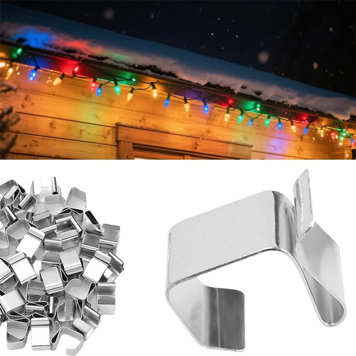 50 pieces - Christmas Lighting Gutter Hooks - Light Hose Clamps - Christmas Lighting Clips - Weatherproof Metal Gutter Clamp - Festive Lighting Clamps - Cable Clips - Christmas Decoration Hooks - for Christmas and Halloween Seasonal Cord - Silver - 24*15