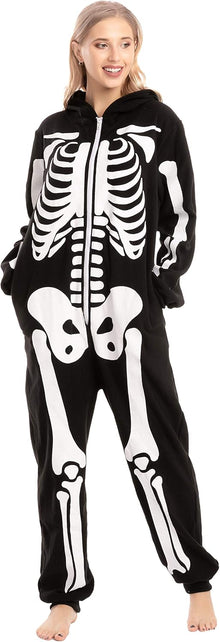 Unisex Skeleton Onesie Pajamas Plush Skeleton Jumpsuit Zipper Halloween Hoodie Pajamas for Adults Sleepwear Costume Black XL